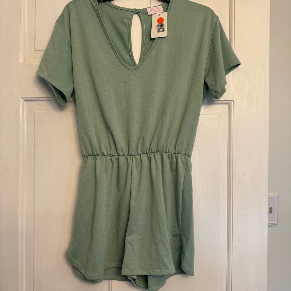Pink Lily Sage Green Romper
